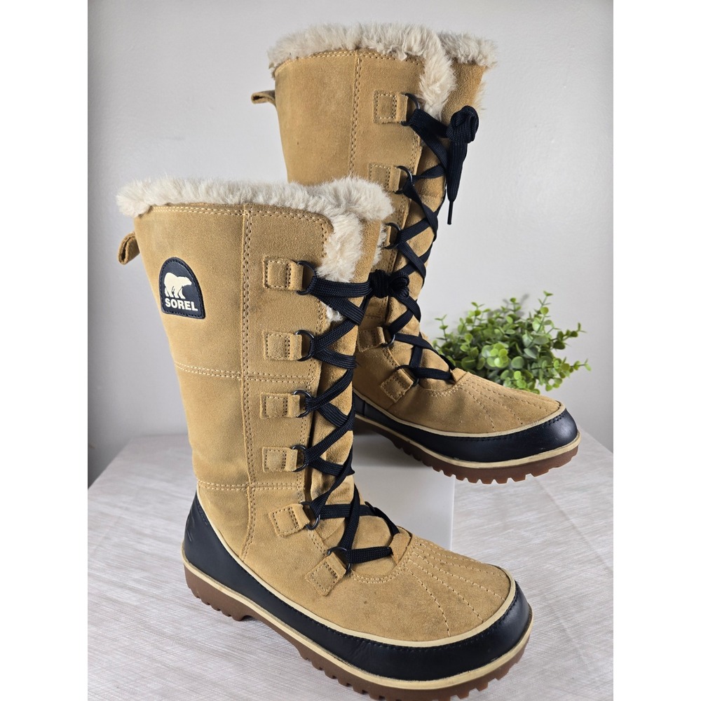 Sorel Tofino Women Tan Black Waterproof Suede Faux Fur Winter Boots SIZE 10